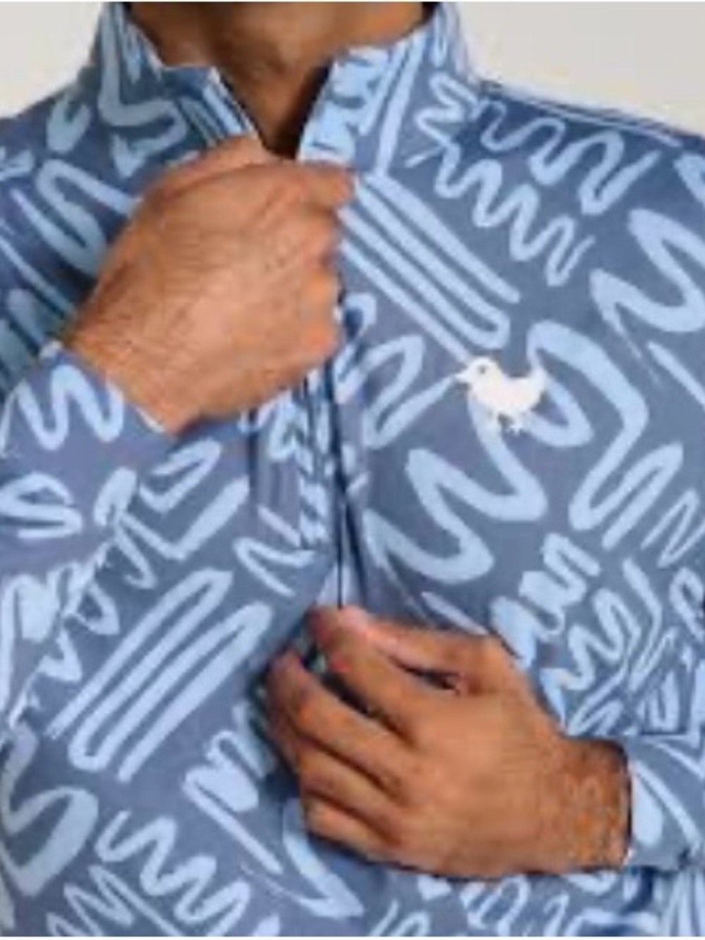 Bad Birdie Light Blue Abstract-Pattern Quarter Zip Shirt Sm